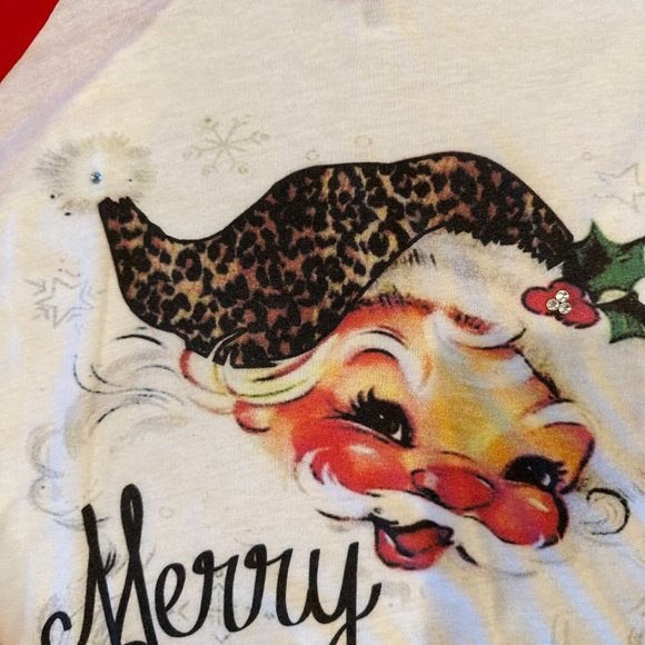 Large Ladies Merry Christmas Y'all Santa Leopard Baseball Tee - Picture 3 of 4